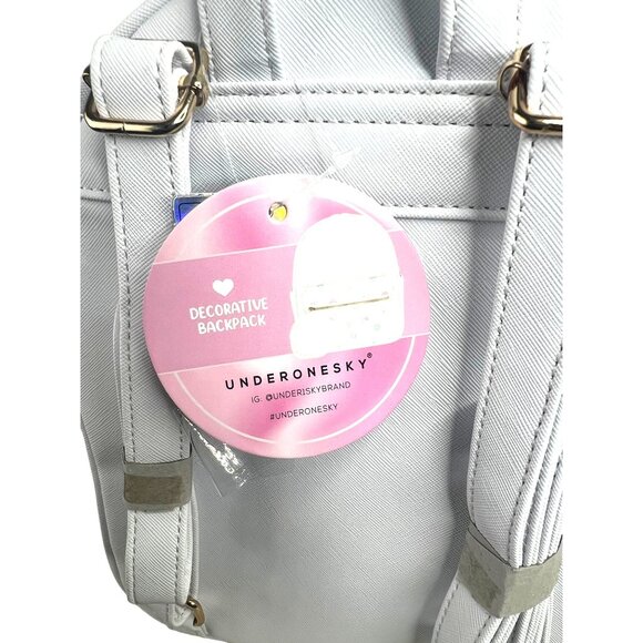 Under One Sky Decorative White Backpack Cute Cat & Flower Print Pom Pom Accent - Picture 8 of 11